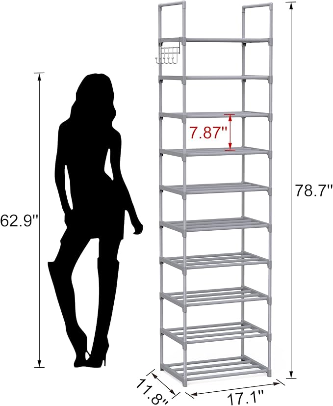 10 Tiers Tall Shoe Rack Narrow 20-24 Pairs Shoe Rack for Closet Entryway Vertical Metal Shoe Rack Organizer Shoe and Boots Organizer Storage Sturdy Shoe Shelf Shoe Stand Gray - Image 3