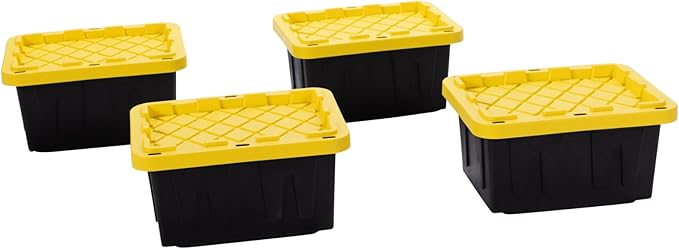 Plastic 5-Gallon Storage Tote with Lockable Lid, Stackable Tough Regular-Duty Bin for Garage, Tools, and Home Organization (4-Pack) - Black and Yellow by FactoryDirectPartners