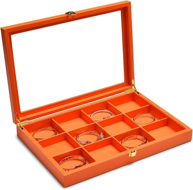 Oirlv Premium Leather Jewelry Organizer Tray with Acrylic Lid Bracelet Bangle Necklace Display Case Drawer Insert 12 Gird Jewelry Case - Image 2