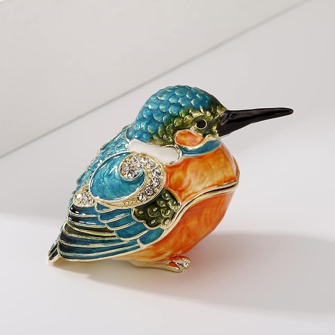 Hand Painted Enamel Kingfisher Trinket Box for Home Decor, Hinged Jewelry Organizer for Ring Earrings, Unique Figurine Keepsake Collectible Personalized Handmade Ornament Gifts (Blue Kingfisher) - Image 4