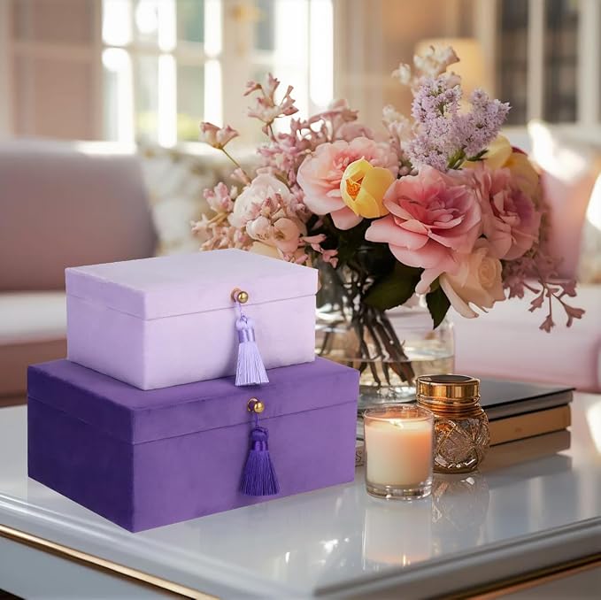 HofferRuffer Velvet Jewelry Boxes Decorative Boxes, Storage Accessory Organizer Boxes with Elegant Handle Decor, Classic Velvet Set of 2 Pieces (Purple) - Image 5