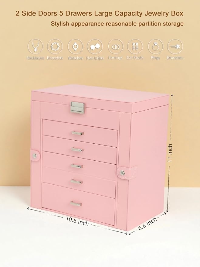 BOOVO Jewelry Box For women, 6 Layer Large Jewelry Organizer With Mirror, Multi-Function Storage Box With Lock, Necklace Holder With 5 Drawers, For Earrings Necklace Bracelet (Silver and Pink) - Image 5