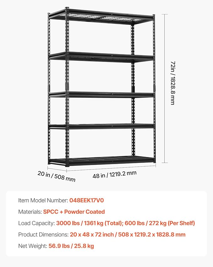 VEVOR Storage Shelves, 3000 lbs, 5 Tier Heavy Duty Garage Shelving, 20" D x 48" W x 72" H Adjustable Metal Shelves for Industrial Shelving Unit Utility Shelf, for Kitchen, Warehouse, Basement, Black - Image 3