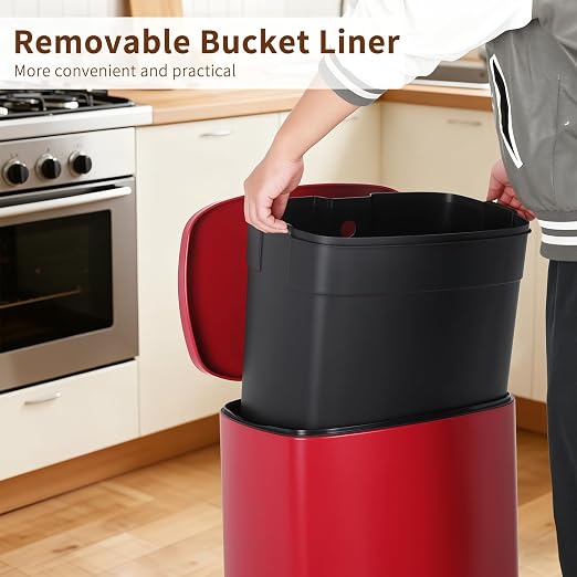 PayLessHere Stainless Steel Trash Can with Lid - Removable Inner Bucket, Foot Pedal, Soft Close for Office, Home, Kitchen (Red, 13 G) - Image 5