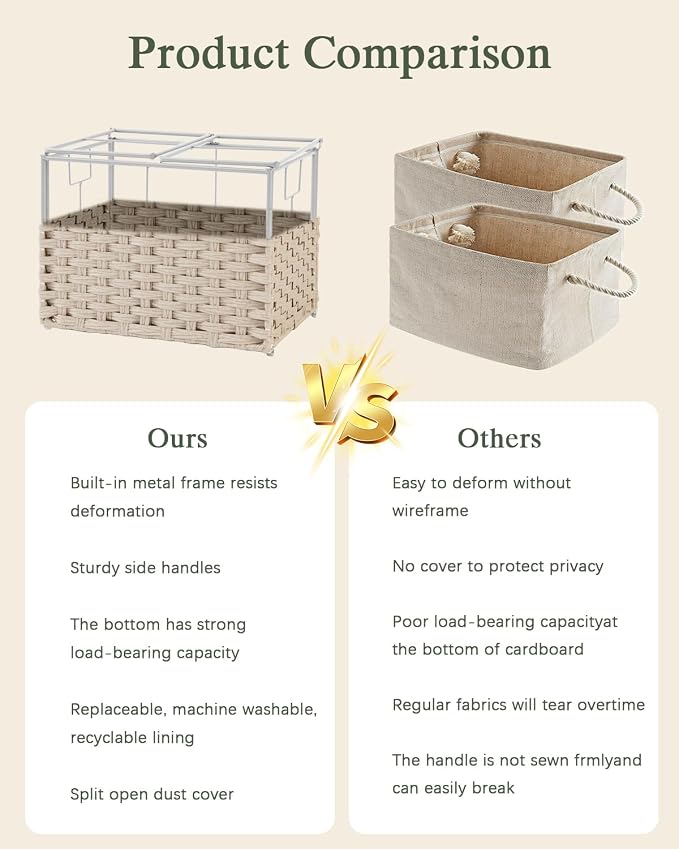 SETVSON Storage Basket with Lid Woven Wicker Baskets with 2 Separate Lid, 9.2 Gallon (35 L) Wicker Storage Bins with Handles, Foldable and 2 Removable Liner Bags for Bedroom, Laundry Room Light Khaki - Image 8