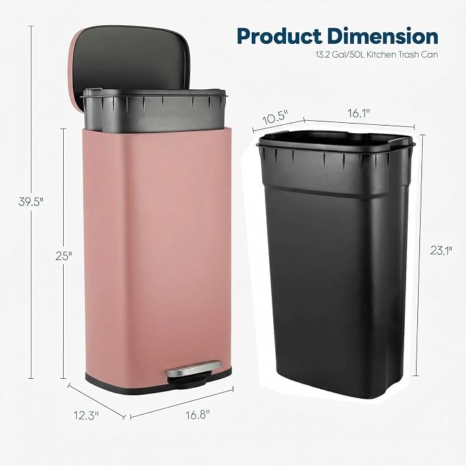 13.2 Gal Kitchen Trash Can, 50L Recycling or Garbage Bin, Brushed Stainless Steel Waste Basket, Soft&Quiet Close Dustbin, with Step-On Pedal, Removable Inner Bucket, for Home, Office, Living Room - Image 2
