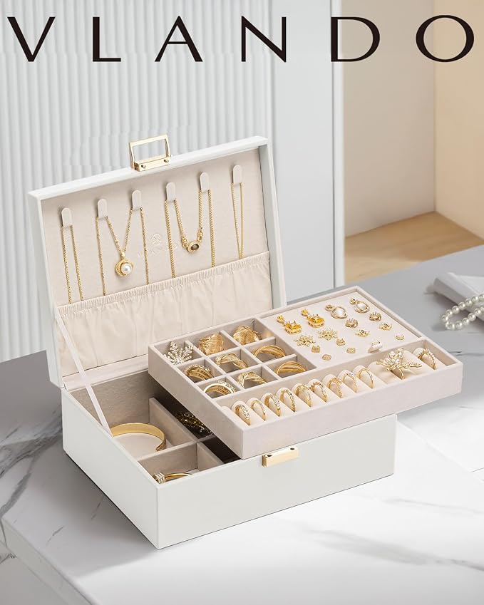 VLANDO Jewelry Box for Women, Gift for Women Girls,2 Layer Jewelry Box,Large Jewelry Organizer for Women Removable Jewelery Tray for Necklace Earrings Rings (Cloud White) - Image 2