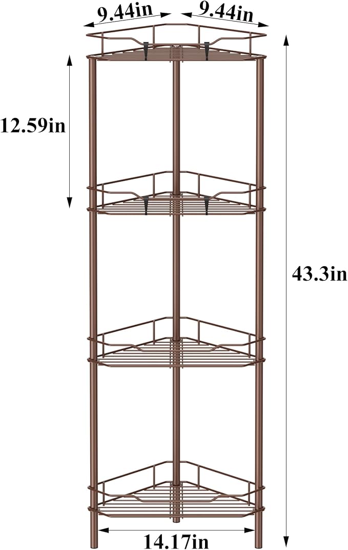 HuggieGems 4 Tier Floor Standing Corner Shower Caddy Organizer Shelf with Hooks, Bathroom Shelves Stand Rack, Coffee - Image 7