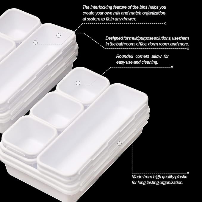 Set of 16 Interlocking Desk Drawer Organizer Tray Dividers Plastic Shallow Narrow Drawers Organizers Separators Storage Bins Container for Kitchen Bathroom Makeup Office Vanity Bedroom Dresser White - Image 4