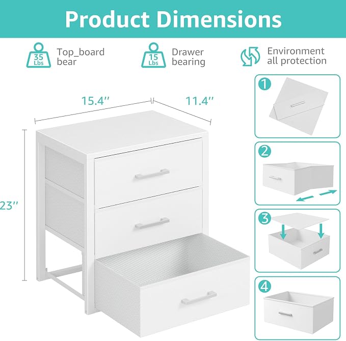 BOLUO Closet Drawers White Fabric 3 Drawer Small Dresser for Closet Organizers and Storage Bedroom Dorm Modern - Image 2