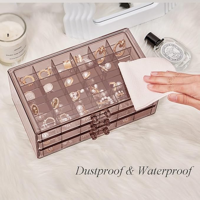 YUFONG Earring Storage Box Organizer 3 Drawers Acrylic Jewelry Storage Box Holder Transparent Jewelry Display Stand with 72 Small Compartments Gift for Women Girls (Clear Purple Brown) - Image 4