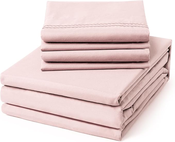 ClevaHome King Size Sheet Set - 6 Piece Soft Breathable Luxury Bed Sheet Set - Shrinkage & Fade Resistant Embroidered Bedding Sheet with Deep Pocket, 2 Extra Pillowcases (King, Barely Pink)