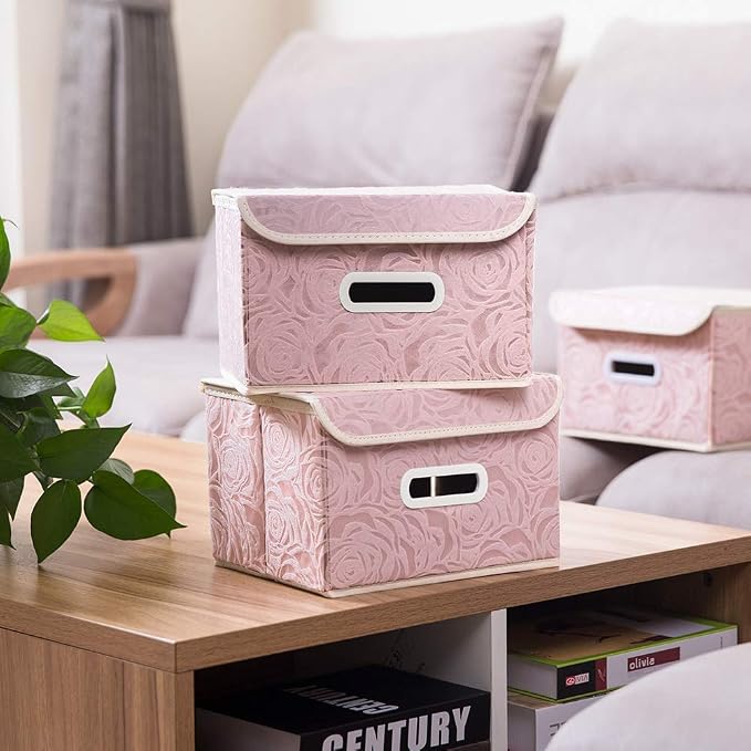 PRANDOM Collapsible Storage Boxes with Lids Fabric Decorative Storage Bins Cubes Organizer Containers Baskets with Cover Handles Divider for Bedroom Closet Living Room 9.8x7.9x6.7 Inch 3 Pack - Image 2