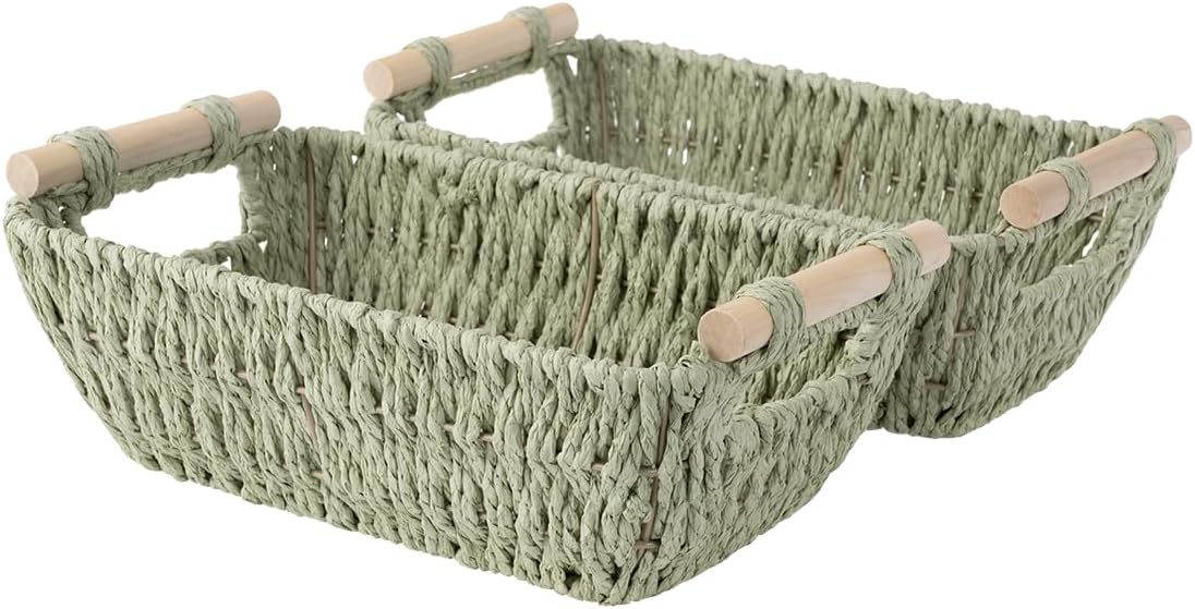 StorageWorks Round Paper Rope Woven Basket with Wooden Handles for Gifts, Small Woven Baskets for Shelf, Bosana Green, 2-Pack by StorageWorks