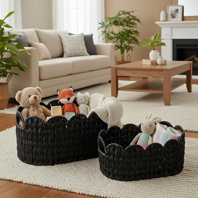 Coeusy Wicker Scalloped Basket Set of 2,Woven Storage Baskets for Shelves,Closet,Laundry,Gift,Towels,Books,Toys,Waterproof Decor Basket for Organizing,Black Oval - Image 3