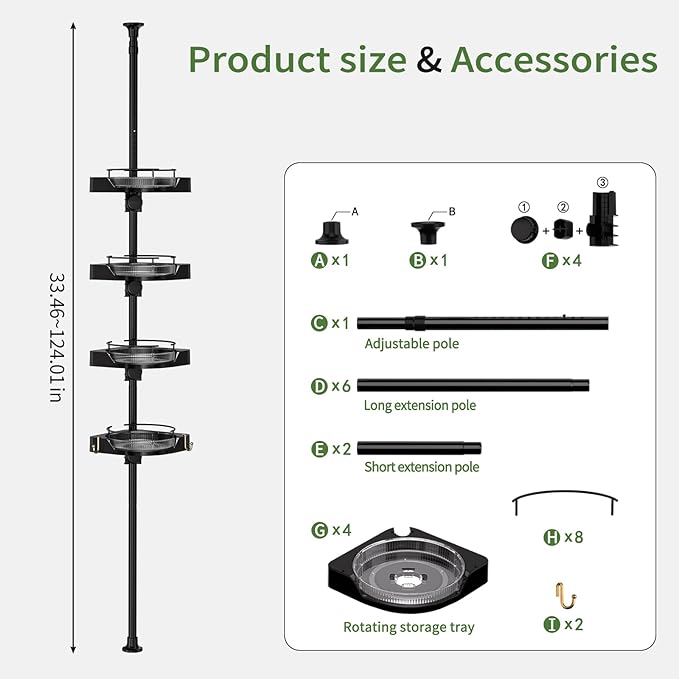 360° Rotating Shower Caddy Tension Pole, 4 Tiers Corner Shower Organizer for Bathroom Shelf Bathtub, Adjustable Standing Shower Rack Bathroom Accessories, Easily Assemble, 34-124 Inch Height, Black - Image 2