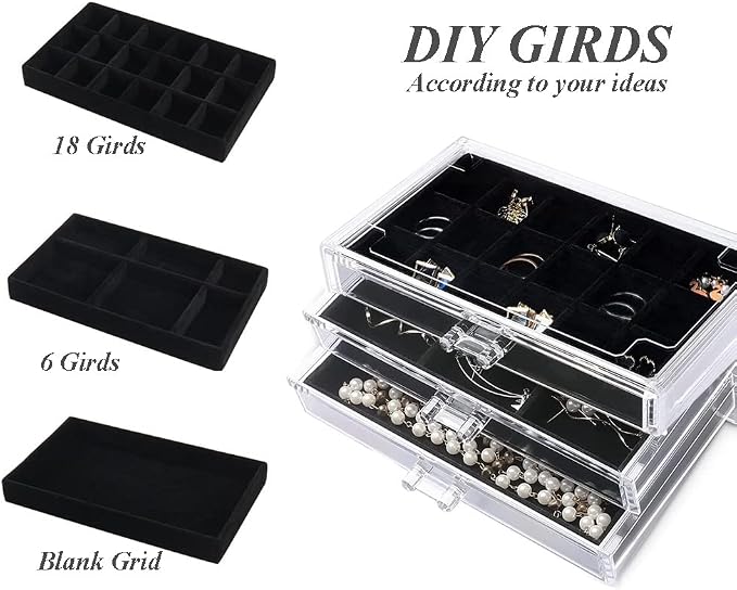 YUFONG Earring Organizer Box Acrylic Jewelry Organizer with 3 Drawers 54 Adjustable Grids Clear Stackable Earring Holder Velvet Trays Ring Display Case for Women Girls (Black) - Image 3
