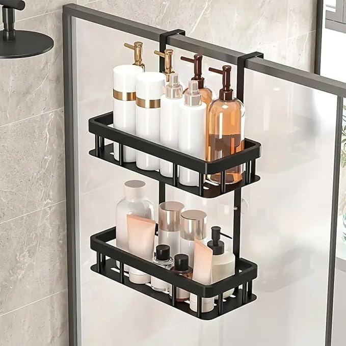 Over Door Shower Caddy, Black Rustproof Bathroom Organizer, 2-Tier Storage Rack, 11.81x5.31 Inch Shelves, No Drilling Required by AMOICHIC