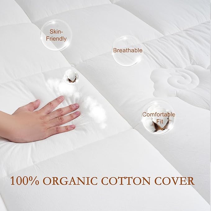 YOUR MOON 100% Organic Wool Mattress Topper Twin XL Size, 800GSM Natural Wool Filling, Thick Pillow Top Mattress Pad, Back Pain Relief Bed Topper with Cotton Cover, 16" Deep Pocket, 39"x80" (White)