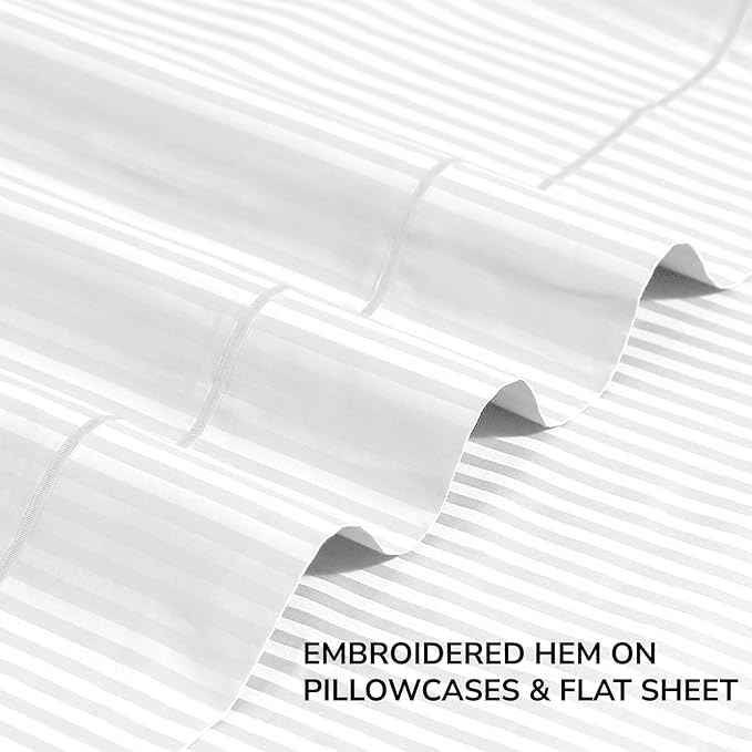 Feather & Stitch 500 TC California King Size Damask Bed Sheet Set, 100% Cotton Soft Breathable Bedsheets, 4 Piece 18" Deep Pockets Sateen Weave Striped Bedding Mattress Resort Hotel - (White Stripe)