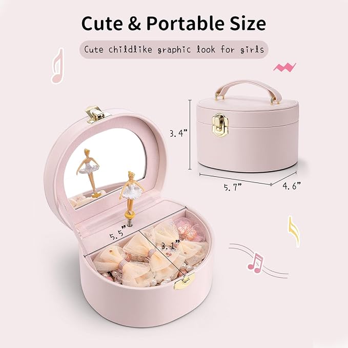 VLANDO Musical Jewelry Box for Girls, Small Kid Music Box with Ballerina for Party Bedroom Decor, Bithday Gift for Girl - Light Pink - Image 3