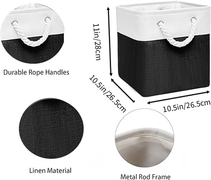 11x11 Inch Cube Storage Bins, 6 Pack Fabric Storage Cubes for Shelves, Cube Organizer Bins with Handles, Cloth Cubby Storage Bins for Home(White/black) - Image 4