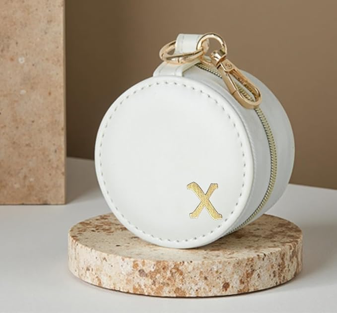 COLLECTIVE HOME - Monogrammed Letter Jewelry Case, Portable Travel Ring Holder Box with Keychain, Personalized Initial Organizer for Earrings Necklaces, Gift for Her (White-x) - Image 2