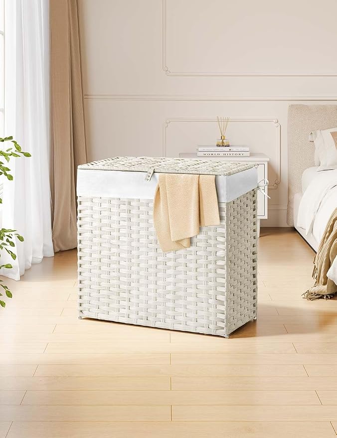 Greenstell Laundry Hamper with Lid, 125L Laundry Basket with 2 Removable Liner Bags & 2 Mesh Bags, Handwoven Synthetic Rattan Clothes Hamper for Clothes, Toys in Bathroom, Bedroom, Foldable, White - Image 2