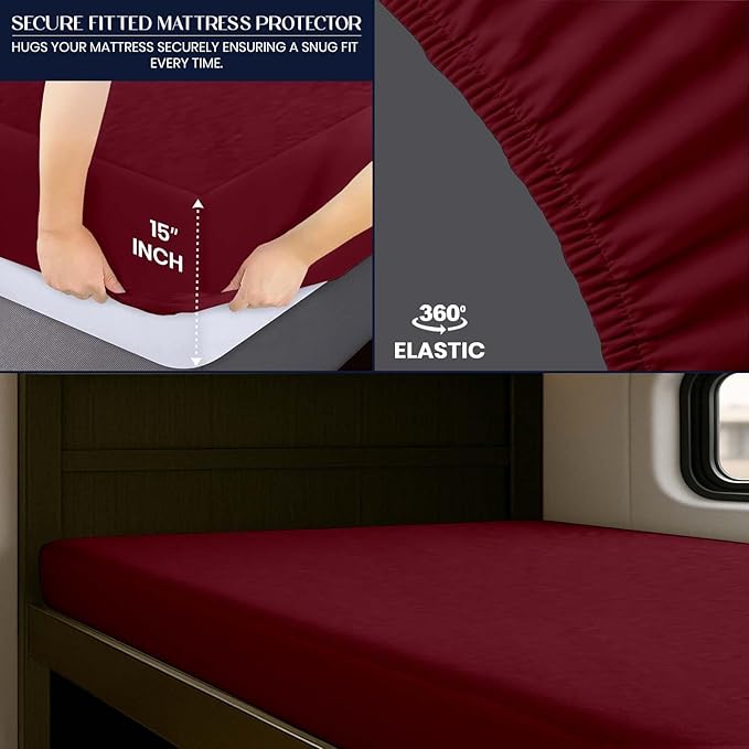 SGI bedding Waterproof RV Bunk Cot Bed Mattress Protector 36X75 for Narrow Twin Camping Bed Mattress Pad Cover, Truck Sleeper & RV Beds - Soft, Noiseless, Breathable, 15" Deep Pocket - Burgundy