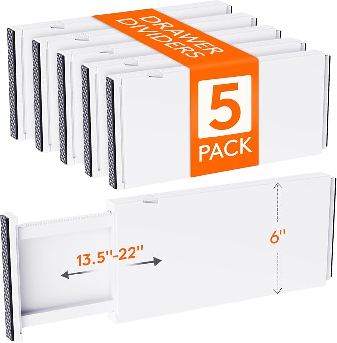 Lifewit 5 Pack 6" High Drawer Dividers 34-56cm/13.5-22" Adjustable Drawer Organizer for Clothes/Utensils, Expandable Drawer Separator in Dresser/Kitchen/Bedroom/Office Organization & Storage White by Lifewit