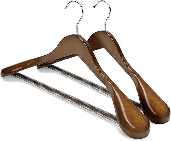 HOUSE DAY Wood Suit Hangers for Men, Smooth Wide Shoulder Wooden Hanger with Non Slip Pant Holder, Wide Hangers for Suits, Coats, Jackets, Heavy Wide Clothes Hanger 2 Pack, Walnut by HOUSEDAY