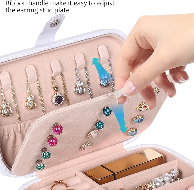 Hatori Travel Jewelry Box, PU Leather Small Jewelry Organizer for Women Girls, Portable Mini Travel Case Display Storage Holder Boxes for Stud Earrings, Rings, Necklaces, Bracelets (White Beige) - Image 5