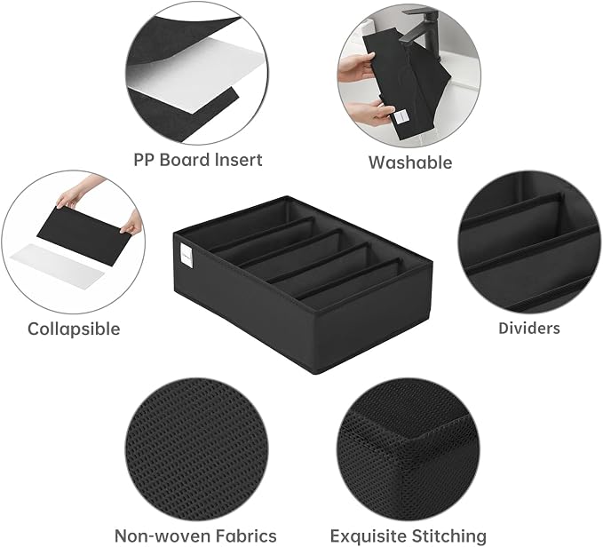 4 Packs T-shirt Drawer Organizers for Clothing,5 Grids Compartment Wardrobe Storage Box, Washable Clothes Organizer for Folded Clothes, T-shirt, Legging, Silk Scarve-Black - Image 5