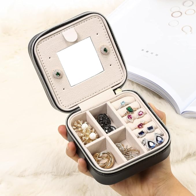 TRODANCE Jewelry Travel Case with Mirror,Small Travel Jewelry Organizer, Portable Jewelry Box Travel Mini Storage Organizer Portable Display Storage Box for Rings Earrings Necklaces (Black) - Image 2