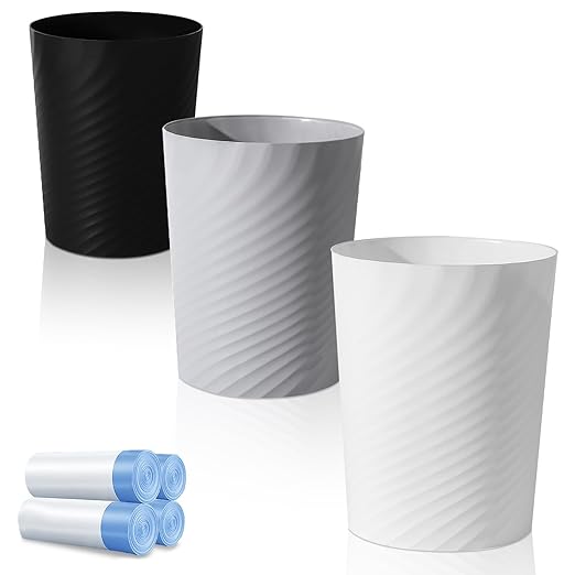 UUJOLY Bathroom Small Trash Can with Trash Bag Plastic Garbage Can Round Waste Basket for Bathrooms, Laundry Room, Kitchens, Offices, Kids Rooms, Dorms, 1.8 Gallons, 3 Pack (White Grey Black) by UUJOLY
