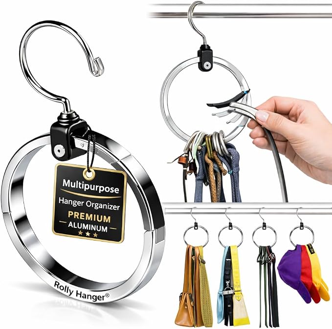 Rolly Hanger® Closet Space Saver – Premium Rotating Aluminum Organizer for Belts, Ties, Hats & Handbags – Heavy Duty 360° Swivel – Declutter & Maximize Storage (1 Pack) by RollyHanger