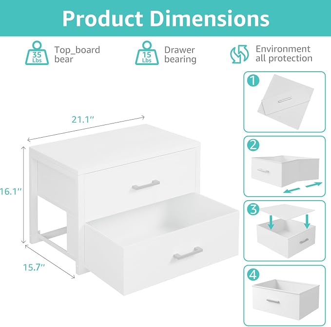 BOLUO Stackable Storage Drawers Closet Organizers and Storage Fabric White 2 Drawer Dresser for Bedroom 2 Packs Modern - Image 3