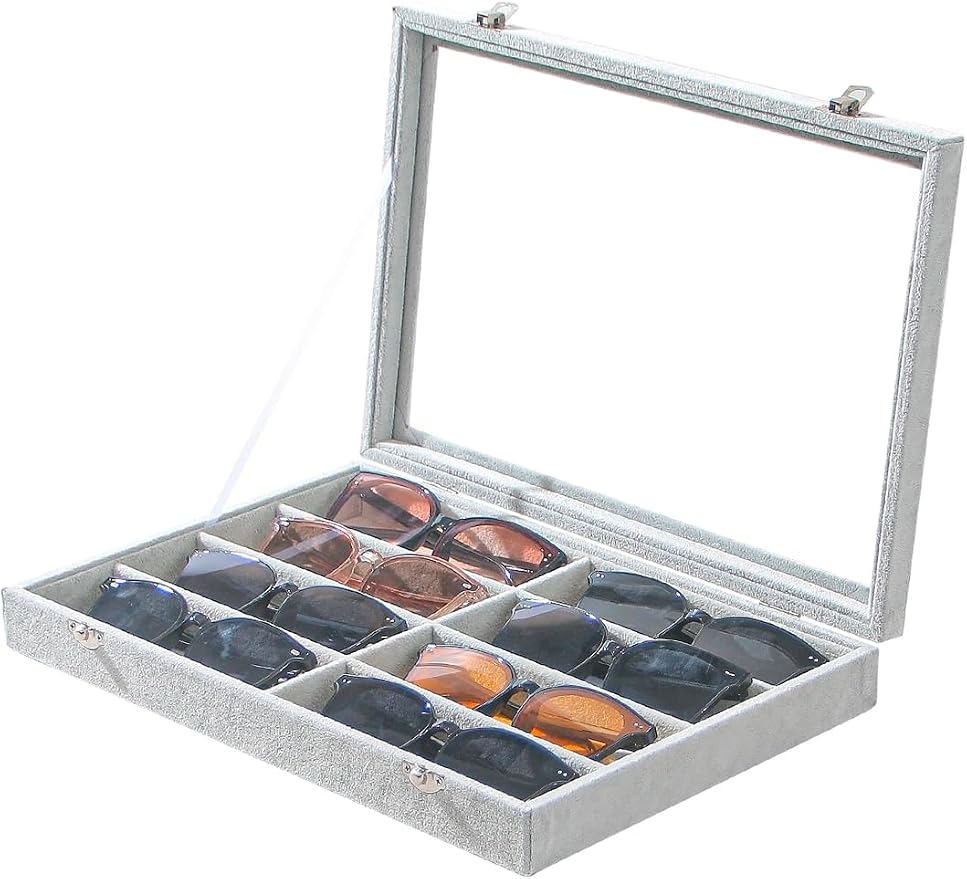 Coward Sunglass Organizer Tray Box, Grey Beige Velvet Eyeglasses Display Tray Case with Transparent Glass Lid for Home Use or Store Shop Selling Show by FocusOnJewelryDisplay15yrs