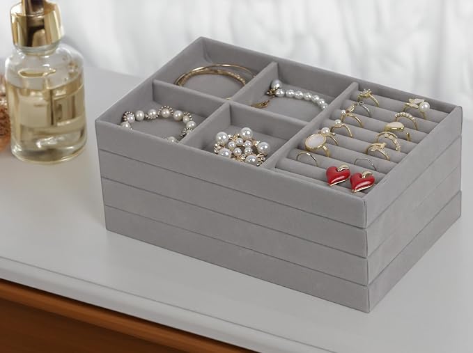 Set of 4 Stackable Jewelry Trays Organizer, Velvet Earring Organizer, Jewelry Organizer Showcase Display Drawer Organizer Storage, Earring Holder Necklace Bracelet Ring Accessary Organizers (Gray) - Image 4