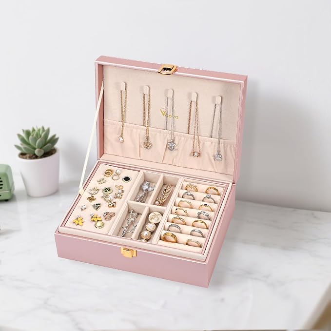 Voova Jewelry Box Organizer for Women Girls, 2 Layer Large Men Jewelry Storage Case, PU Leather Display Jewellery Holder with Removable Tray for Necklace Rings Bracelets,Vintage Gift,Rose Gold - Image 4