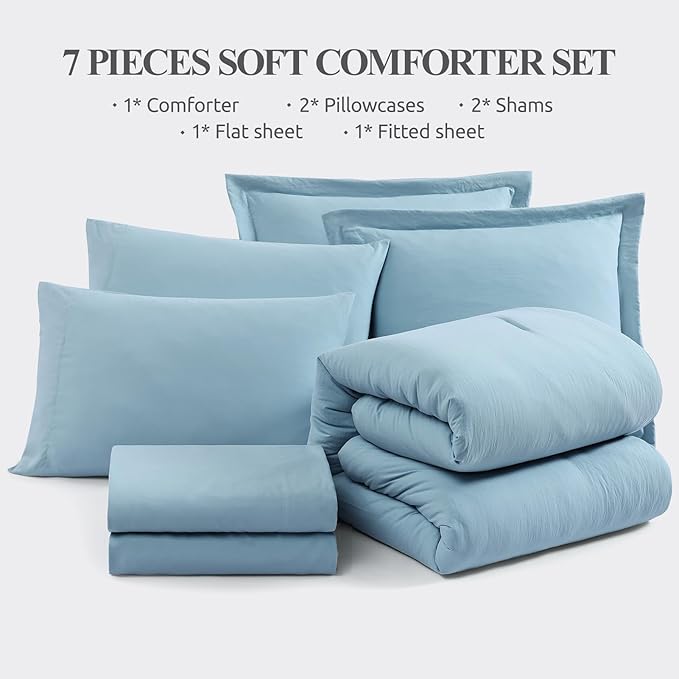 WRENSONG Full Size Comforter Sets- 7 Pieces Soft Blue Bed in a Bag with Fitted Sheet, Flat Sheet, 2 Pillow Shams, 2 Pillowcases, Warm Bedding Sets for All Season