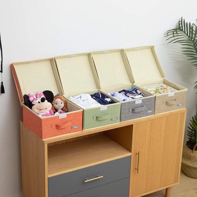 YueYue Small 4 Pack Fabric Stroage Box with Lids, Linen Foldable Stroage Box with lids 4 Color Set 12.4in/12in/6.7in - Image 5