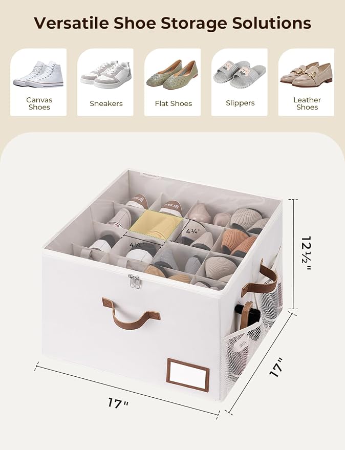 StorageWorks Shoe Organizer for Closet, Shoe Storage Bins with Clear Lid, Fabric Shoe Boxes with Side Mesh Pockets, Closet and Storage Bins for Slippers and Flats, Holds Up to 16 Pairs, Beige - Image 3