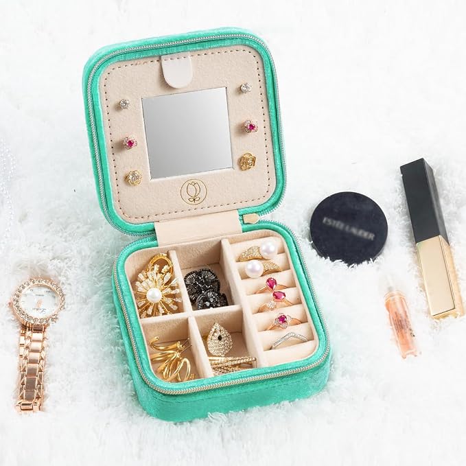 Plush Velvet Jewelry Travel Case,Small Jewelry Box,Traveling Jewelry Organizer, Portable Jewellery Storage Holder for Rings Earrings Necklace Bracelet, for Girls Women | CyanBlue-With Mirror - Image 7