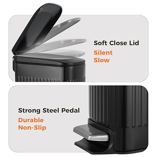 TrashAid Small Black Bathroom Trash Can with Lid Soft Close, 6 Liter / 1.6 Gallon, Stainless Steel Garbage Can with Removable Inner Bucket, Step Pedal, Slim Wastebasket for Toilet, Office, Bedroom - Image 4