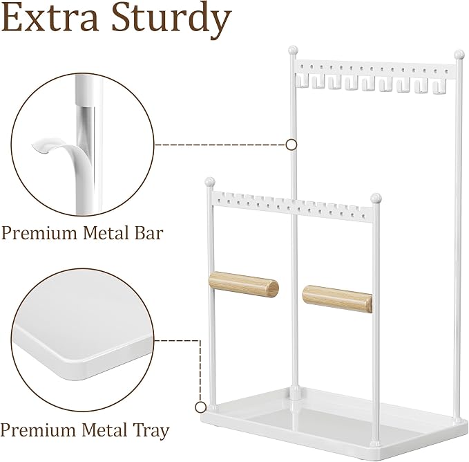 3 Tier white Jewelry Stand, Necklace Organizer, Earring Holder with 44 Holes and 9 Hooks, for Necklaces, Bracelets, Rings - Image 6