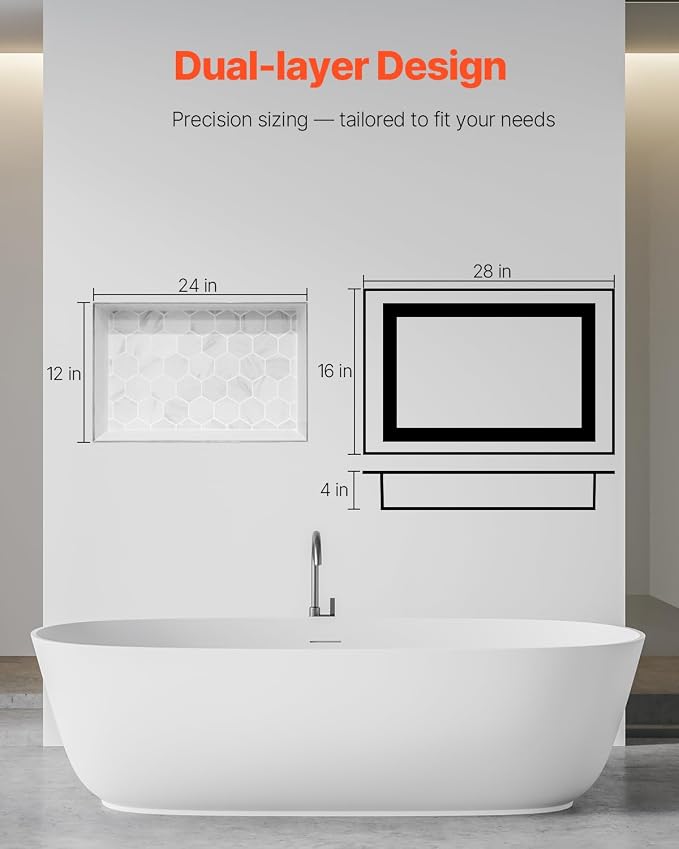 VEVOR Shower Niche, 16 x 28 x 4 inch Recessed Wall Niche with Movable Divider Shelf, Modern Soap & Shampoo Storage Organizer, Square Corners, Sealed Waterproof Design, Black for Bathroom Shower - Image 3