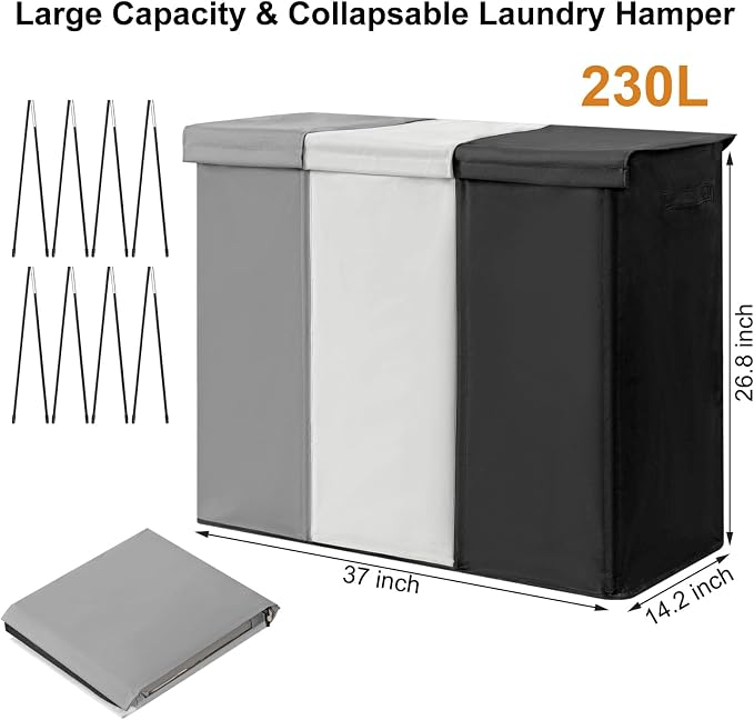 WOWLIVE 230L Laundry Baseket with Lid and Removable Laundry Bags,Large Laundry Hamper 3 Section Collapsible Dirty Clothes Hamper with Handles for Laundry Room,College Dorm,Bathroom - Image 4