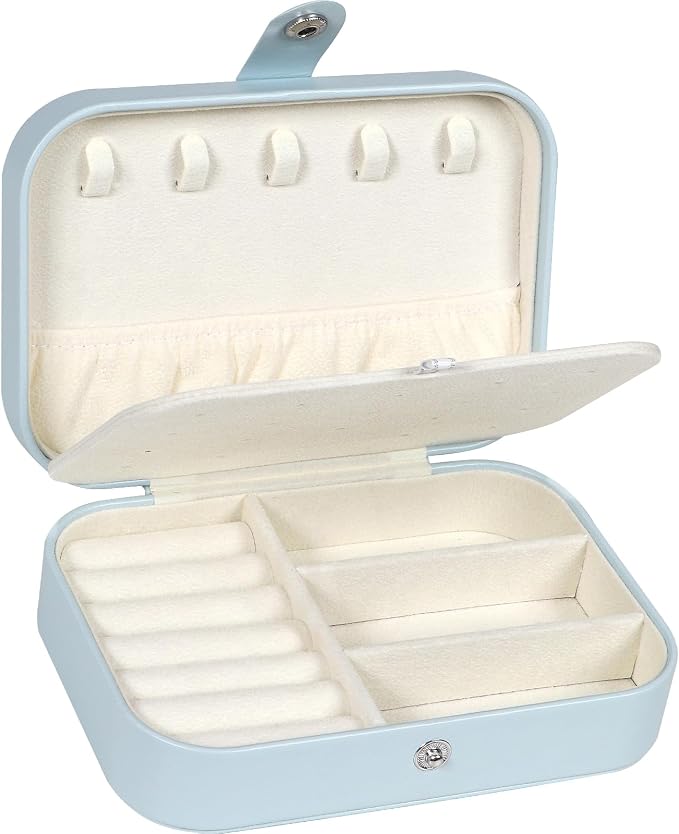 Hatori Travel Jewelry Box, PU Leather Small Jewelry Organizer for Women Girls, Double Layer Portable Mini Travel Case Display Storage Holder Boxes for Stud Earrings, Rings (Light Blue) by SAJOMA