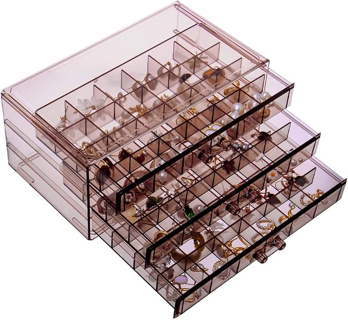 YUFONG Earring Storage Box Organizer 3 Drawers Acrylic Jewelry Storage Box Holder Transparent Jewelry Display Stand with 72 Small Compartments Gift for Women Girls (Clear Purple Brown) by YUFONG